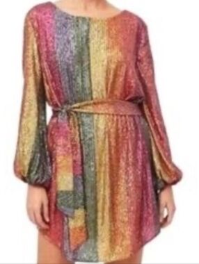 FARM Rio Rainbow Sequin Midi Dress - Pink, Gold, Green, Blue, Orange